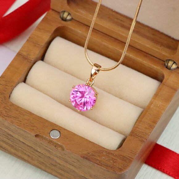 "Brilliant Round Pink Stone Rose Gold Pendant Sparkling Charm, XPPT1599 - Picture 6 of 13